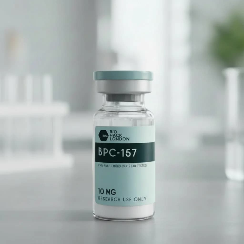 BPC-157 10mg research peptide vial by BioHack London – 99% pure third-party lab tested