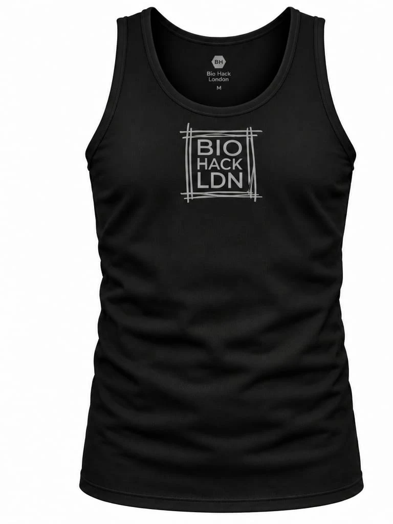 The black BioHack London ribbed vest, mens fit, with the tonal boxed chest logo