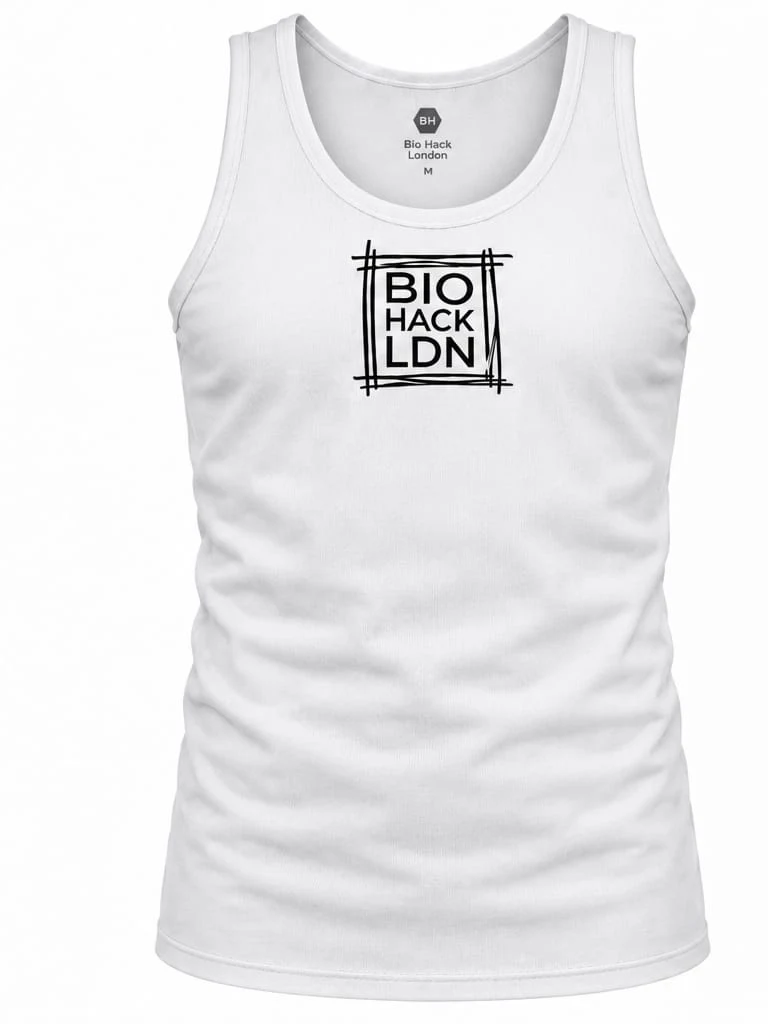 The white BioHack London ribbed vest, mens fit, with the boxed chest logo