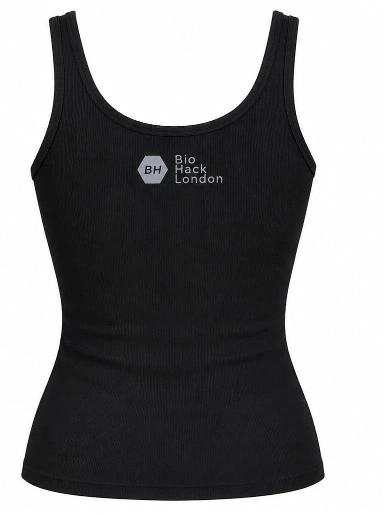 Back of the black womens vest showing the BH BioHack London mark
