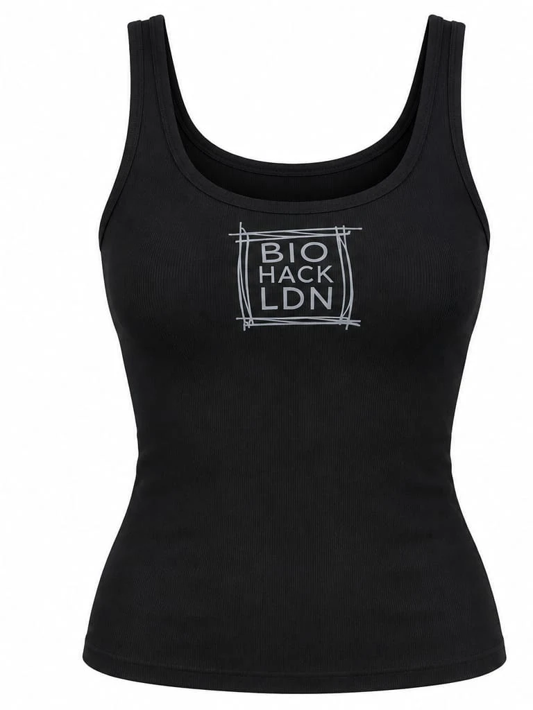 The black BioHack London ribbed vest, womens fit, with a tonal chest logo