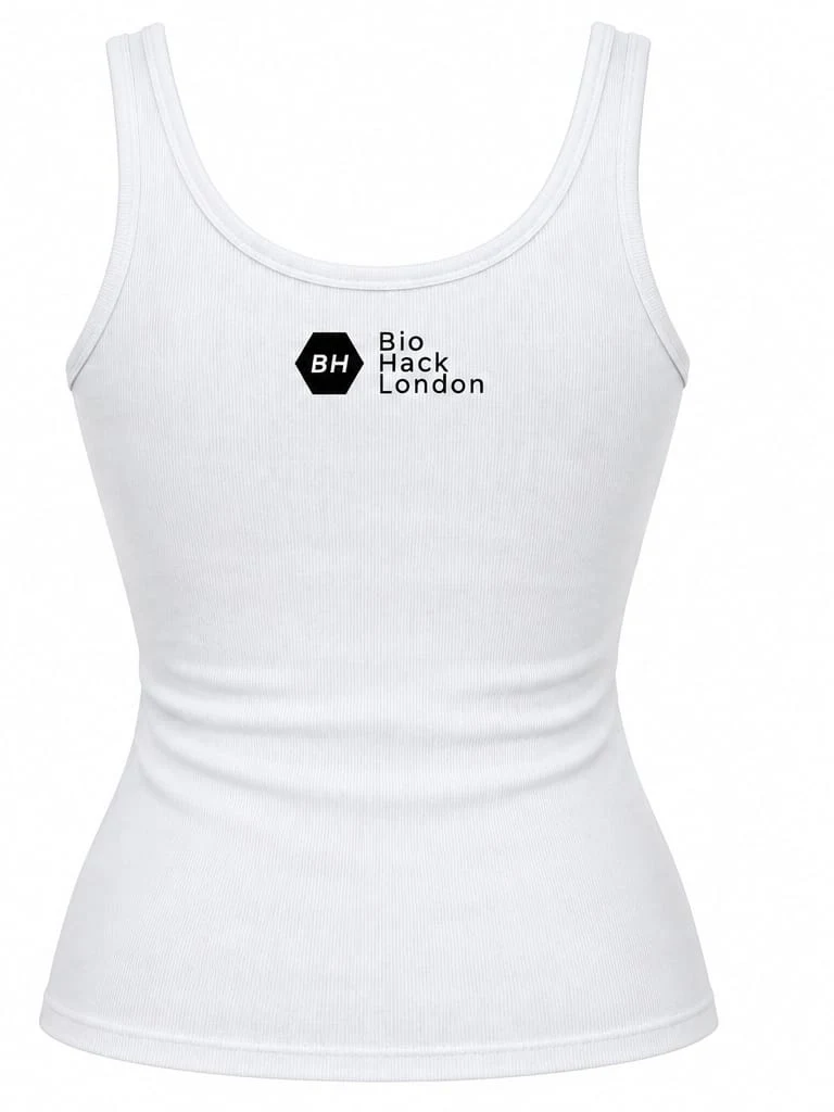 Back of the white womens vest showing the BH BioHack London mark