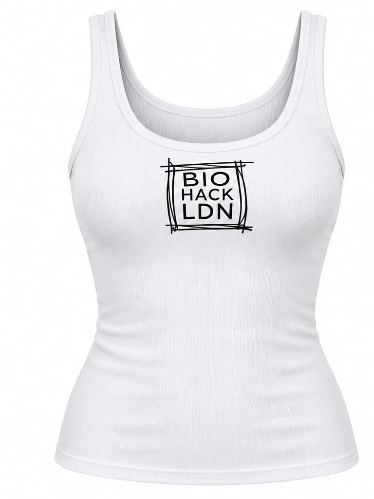 The white BioHack London ribbed vest, womens fit, boxed chest logo
